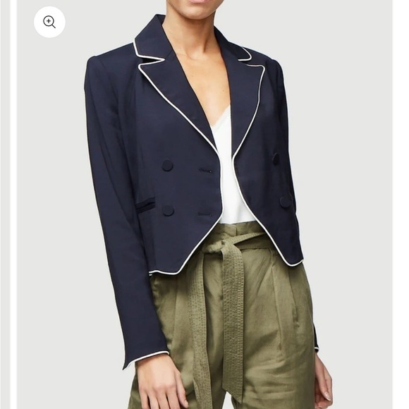 Frame Denim Piped Cropped Double Breasted Blazer Slit Cuff Navy Blue Sz 8 - Picture 1 of 16